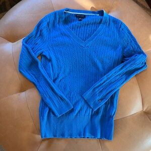 Blue Preppy V Neck Ribbed Sweater - L